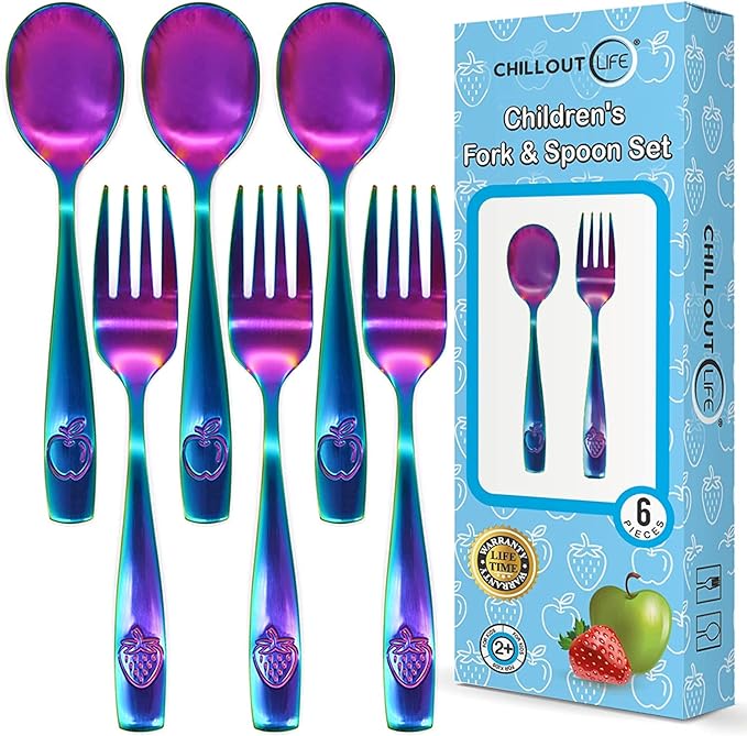 CHILLOUT LIFE Stainless Steel Kids Silverware Set 6 Pieces - Child and Toddler Safe Flatware - Kids Utensil Set - Metal Kids Cutlery Set (Includes 3 Small Kids Spoons & Kids 3 Forks, UV Rainbow)