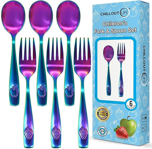 CHILLOUT LIFE Stainless Steel Kids Silverware Set 6 Pieces - Child and Toddler Safe Flatware - Kids Utensil Set - Metal Kids Cutlery Set (Includes 3 Small Kids Spoons & Kids 3 Forks, UV Rainbow)