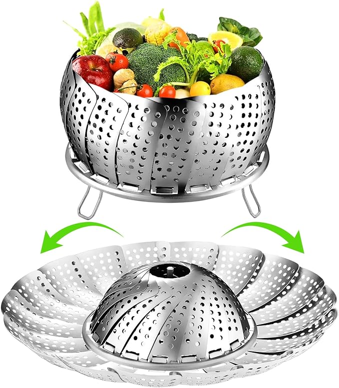 Vegetable Steamer Basket for Cooking, Stainless Steel Veggie Fish Food Steamer Basket, Folding Expandable Steamers to Fit Various Size Pot