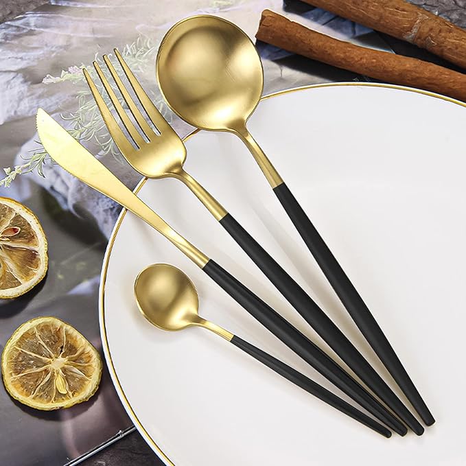 Gold Silverware Set, 24-Piece Stainless Steel Flatware, Flatware Set for 6, Knife Fork Spoon, Home Dinnerware Tableware Set for 6, Cutlery Set, Include Knives/Forks/Spoons