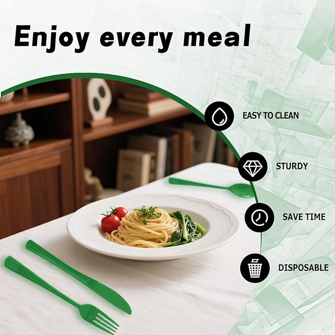 150 Pack Disposable Plastic Silverware, Heavy Duty Green Plastic Cutlery Set Includes 50 Forks 50 Knives 50 Spoons for Birthday Wedding Party Picnics (150, Green)