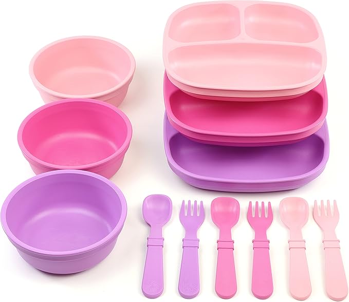 Re-Play 3 Divided Toddler Plates, 3 Utensils Set and 3 Wide Base Bowls - Dishwasher and Microwave Safe - Made in USA - Princess