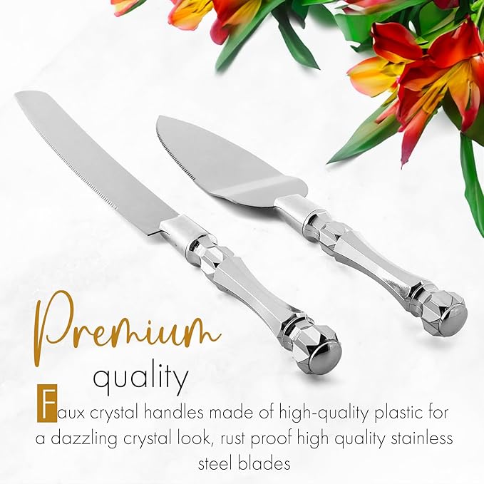 Cake Knife and Server Set, Cake Cutter and Pie Spatula, Cake Server and Knife Set with Acrylic Crystal Handles, Cake Cutting Set for Wedding Cake – 1.2mm Thick Blades, Birthdays, and Parties (Silver)