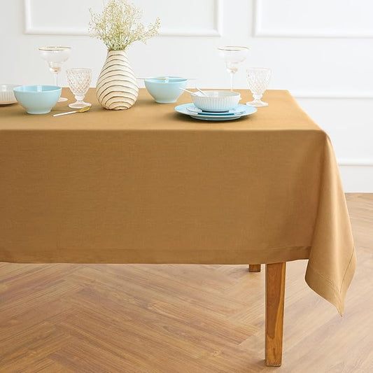 Solino Home Linen Tablecloth for Rectangle Tables 60 x 90 Inch - 100% Pure Linen Caramel Table Cloth - Fete, Machine Washable Cloth Tablecloth