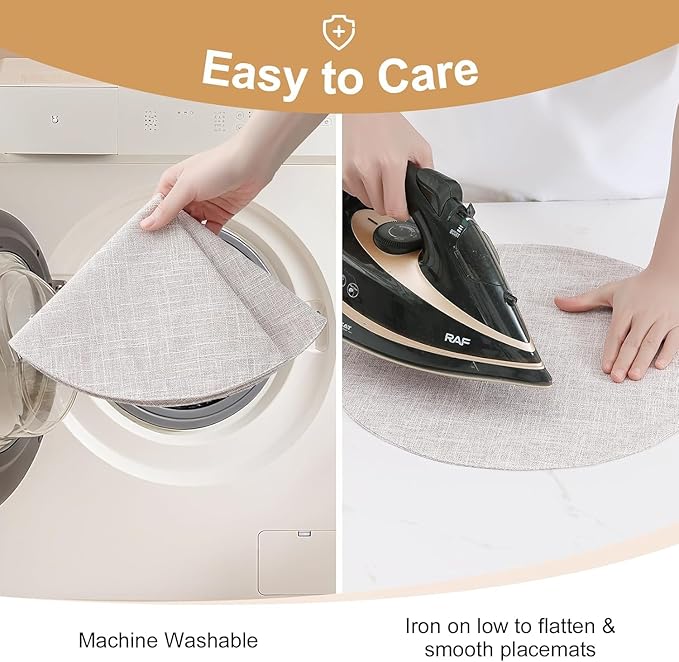 homing 15 Inch Round Cloth Placemats Set of 4, Cotton Linen Blend Washable Table Mats, Farmhouse Dining Place Mats for Indoors & Outdoors, Easy to Clean, Beige