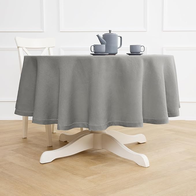 Solino Home Linen 60 Inch Round Tablecloth - 100% Pure Linen Grey Round Tablecloth - Machine Washable Table Cloth - Sonoma Hemstitch