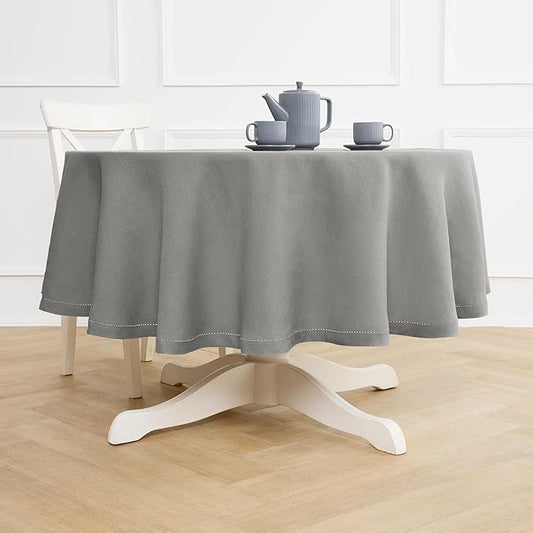 Solino Home Linen Round Tablecloth 70 Inch - 100% Pure Linen Grey Round Tablecloth - Machine Washable Table Cloth - Sonoma Hemstitch
