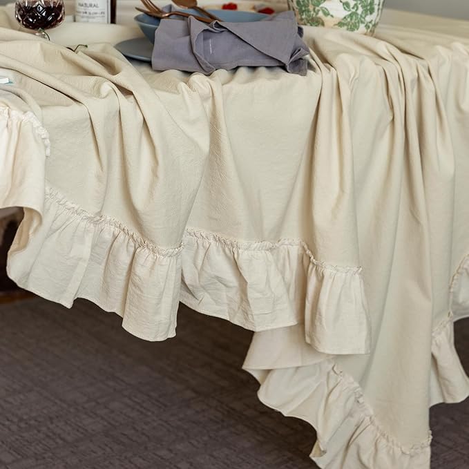 Retro Farmhouse Ruffle Tablecloth Cotton Flounces Trim Washable Table Cover Tablecloths for Rectangle Table Baby Shower Kitchen Party Wedding Decor 60''x84''