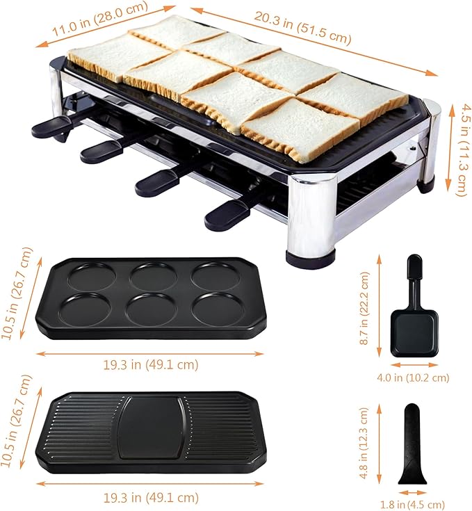 TAMARIT 8-Person Raclette Grill, Electric Party Griddle with Nonstick Grill and Crepe Plates, 8 Pans and Spatulas, 1500W (Indoor), Stainless Steel