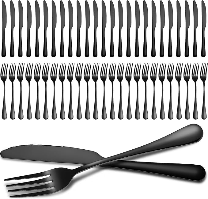 Nuenen 50 Pieces Stainless Steel Forks Silverware Set Dinner Forks and Knives Flatware Tableware Cutlery Set for Kitchen Restaurant(8.07 x 0.94 Inch, 9.06 x 0.79 Inch,Shiny Black)