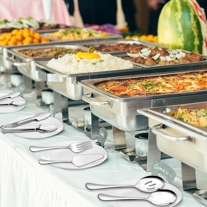 Serving Utensils, XEVOM 6-Piece Stainless Steel Serving Utensil Set Include Serving Spoon, Slotted Serving Spoon, Serving Fork,Serving Tong, Appetizers Tong,Pie Server (Silver), Regular