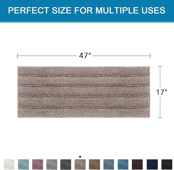 H.VERSAILTEX Bath Rugs for Bathroom Non Slip Bath Mats Extra Thick Chenille Striped Bath Rug Runners 47" x 17" Absorbent Fluffy Soft Shaggy Mats Dry Fast Plush Area Carpet for Bath Room - Taupe