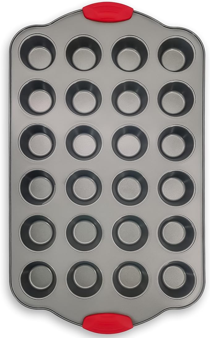 Boxiki Kitchen 24 Cup Mini Muffin Pan with Silicone Handles | Professional Non-Stick Cupcake Pan for Muffins, Cupcakes, Egg Bites, and More