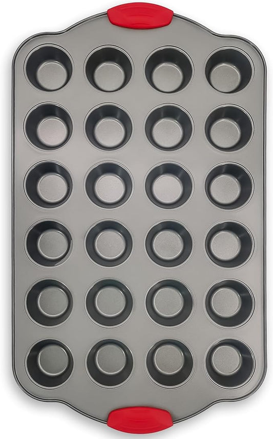Boxiki Kitchen 24 Cup Mini Muffin Pan with Silicone Handles | Professional Non-Stick Cupcake Pan for Muffins, Cupcakes, Egg Bites, and More