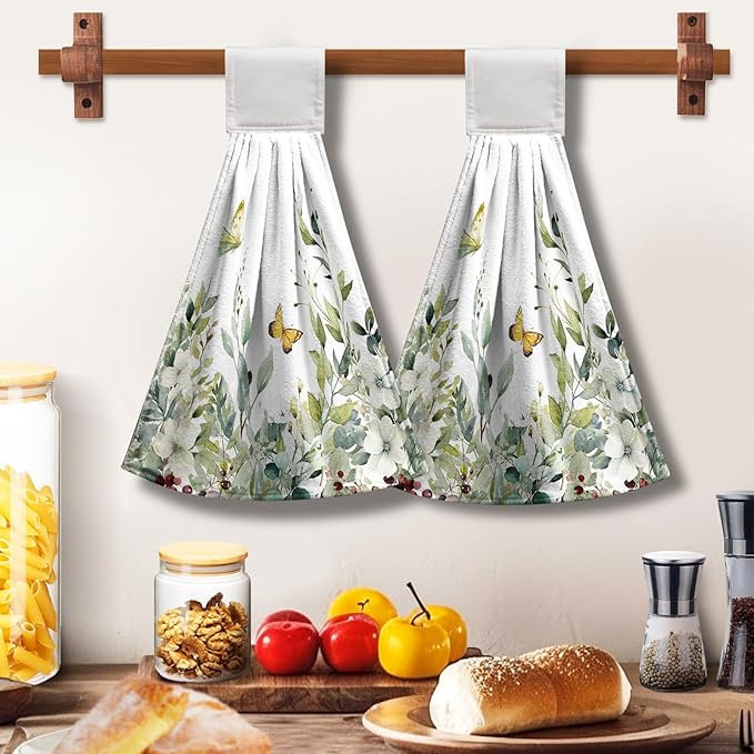 Sage Green Eucalyptus Hand Tie Towels Set of 2 Spring Summer Leaves Hanging Kitchen Towel 12 x 17 Inch Soft Absorbent Dish Towels with Hanging Loop for Kitchen Bathroom Hotel Gym