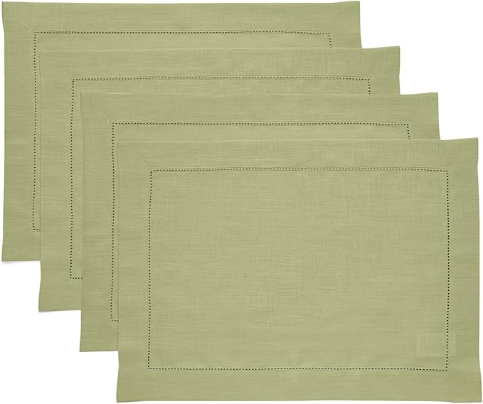 Solino Home Linen Placemats Set of 4 - Classic Hemstitch Moss Green Placemats 14 x 19 Inch - 100% Pure Linen Table Mats for Winter