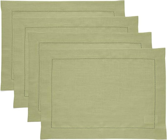 Solino Home Linen Placemats Set of 4 - Classic Hemstitch Moss Green Placemats 14 x 19 Inch - 100% Pure Linen Table Mats for Winter