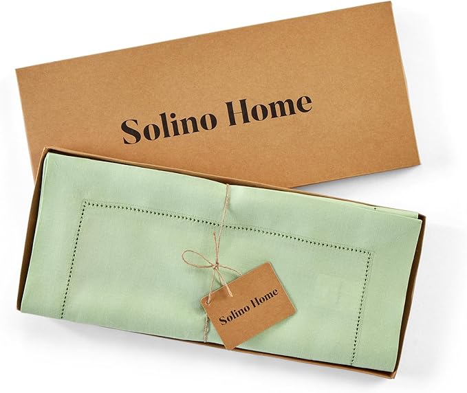 Solino Home Linen Light Green Hemstitch Table Runner 48 Inches - 100% Pure Linen Small Table Runner 14 x 48 Inch Ideal for Dresser and Coffee Tables - Classic Hemstitch