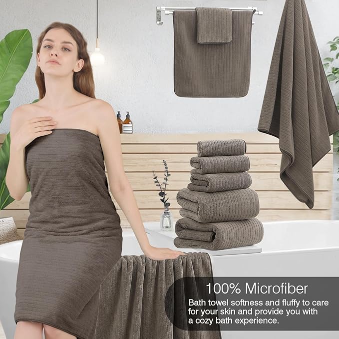 18 Piece Family Bath Towel Set Include 6 Bath Towels,6 Hand Towels and 6 Washcloths Soft Bathroom Towel with Hanging Loops,Highly Absorbent Quick Dry Towels Set for Bathroom,Hotel and Spa-Brown