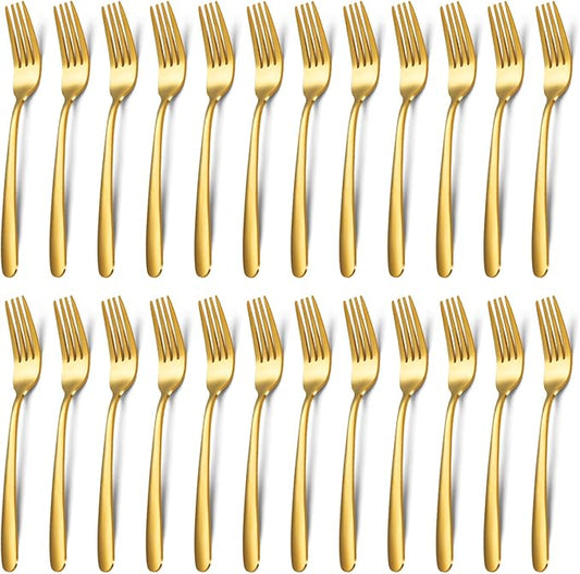 24 Pieces Dinner Forks Set (8 inch), Unokit Stainless Steel Dinner Forks Set of 24, Flatware Forks for Home, Kitchen or Restaurant - Mirror Polished, Dishwasher Safe - Gold