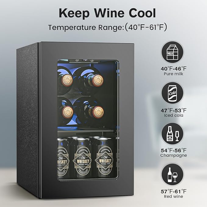 Wine Fridge Freestanding Counter-top, 24 Cans Wine Cellar Drink Cooler for Soda, Canned Beer, Adjustable Digital Temperature Control for Home Dorm Office, Black