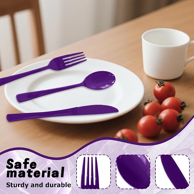 150 Pack Disposable Plastic Silverware, Heavy Duty Black Plastic Cutlery Set Includes 50 Forks 50 Knives 50 Spoons for Birthday Wedding Party Picnics (150, Purple)