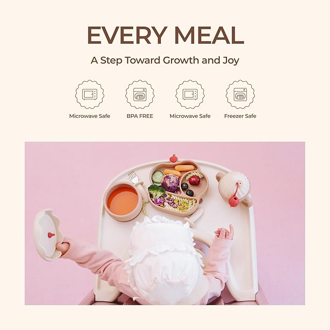 Silicone Baby Feeding Set, Gelato Collection Baby Led Weaning Supplies, First Self-Feeding Set with Suction Bowl & Plate, Sippy Cup & Bib, Fork & Spoon - Brown