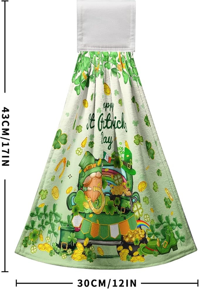 St. Patrick's Day Shamrock Kitchen Towel with Loop Lucky Gnomes Truck Hanging Hand Towels St Patricks Green Spring Hanging Dish Tea Towels for Home Holiday Decor