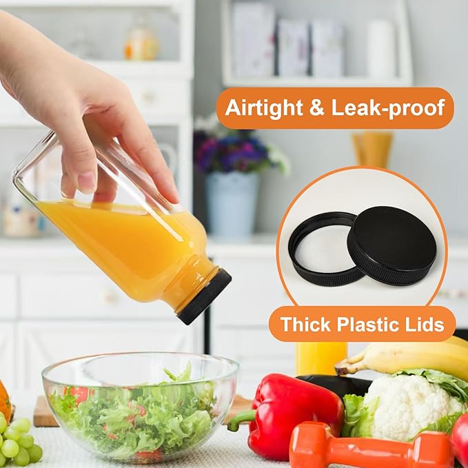 3 Pack 12oz Glass Water Bottles, 350ml Empty Glass Juice Bottles with Black Lids, Brush & Labels, Clear Reusable Drinking Jars for Juicing, Homemade Smoothies, Beverages