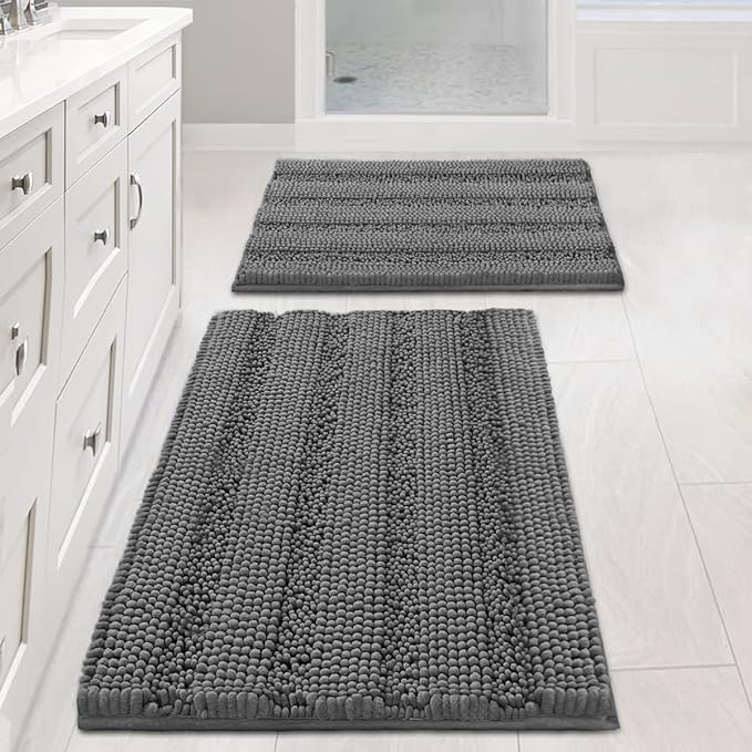 H.VERSAILTEX Grey Bathroom Rug Set Bath Mats, 2 Piece Bath Rugs Non Slip Thick Soft Chenille Striped Bath Rug Set, Bath Mats for Bathroom Sets (Grey, 20" x 32"/17" x 24")