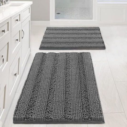 H.VERSAILTEX Grey Bathroom Rug Set Bath Mats, 2 Piece Bath Rugs Non Slip Thick Soft Chenille Striped Bath Rug Set, Bath Mats for Bathroom Sets (Grey, 20" x 32"/17" x 24")