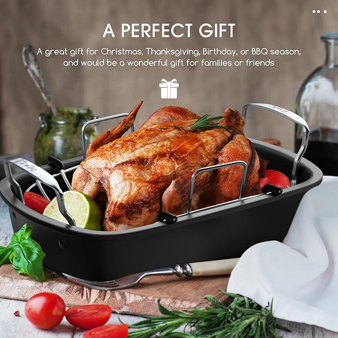 Nonstick Turkey Roasting Pan with Rack, 17 x 13 Inch Turkey Pan, large roaster pan for Meat & Vegetable, (Silver)