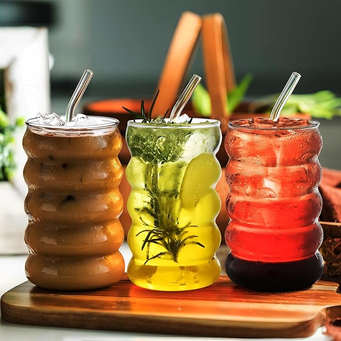 4 Pcs 20oz Drinking Glasses Set with Straws, Cute Iced Coffee Glass Cups, Iced Coffee Tumblers, Thick Drinking Jars for Smoothie, Boba Milk Tea, Ideal for Gift, with Straw Brush
