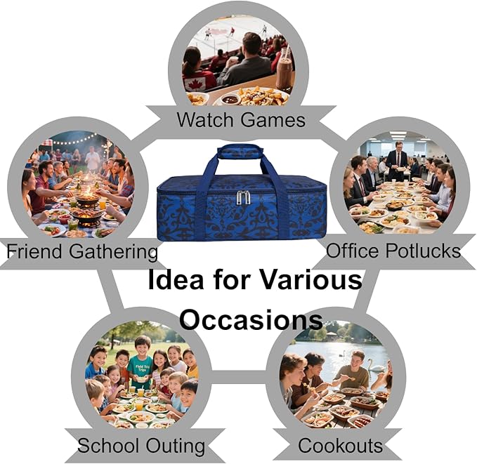 Insulated Casserole Carrier Bag - Portable Reusable Lunch Food Transport Tote Bag Keep Food Hot/Cold Fits 9x13" Lasagna Baking Dish for Gathering/Potluck Parties/Cookout/Camping/Offices-Blue/Black