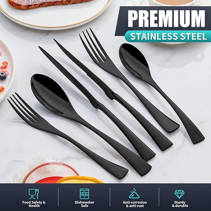 24 Pieces Black Silverware Set with Steak Knives Service for 4,Modern 18/10 Stainless Steel Flatware Cutlery Set,Utensil Set for Home Restaurant Hotel,Mirror Polished,Dishwasher Safe