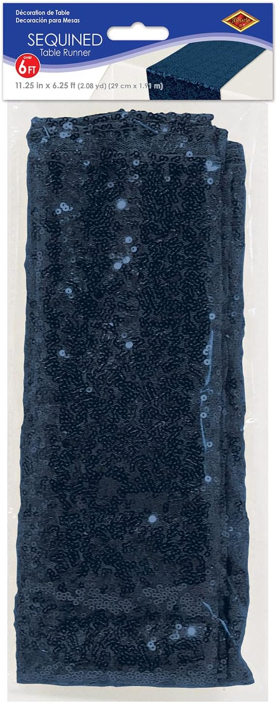 Beistle Sparkly Sequin Table Runner for Birthday Wedding Reception, Baby Shower, Party Event Tableware, 11.25" x 75", Navy Blue