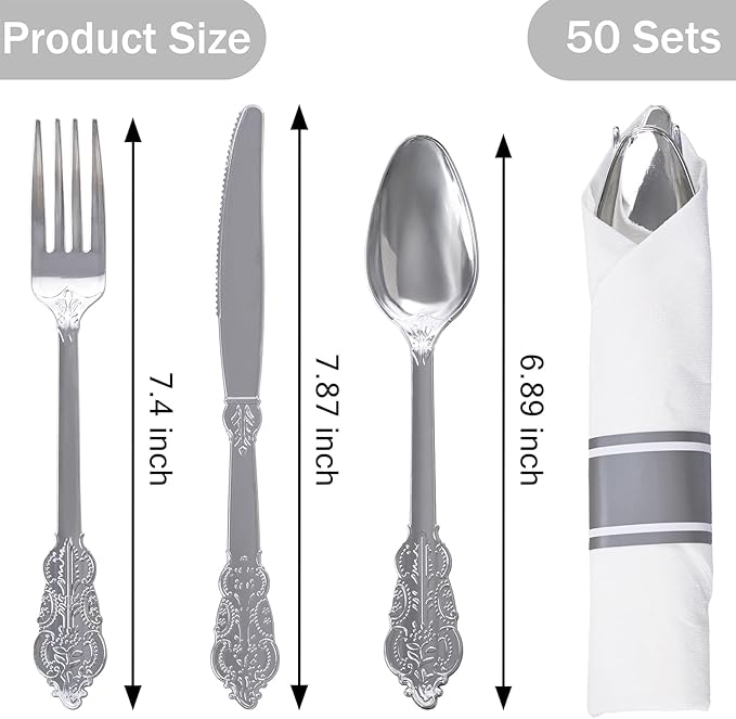 WELLIFE 50 Pack Silver Plastic Silverware,Christmas Utensils, Wrapped Silverware Set Disposable,Include 50 Forks, 50 Knives, 50 Spoons and 50 Napkins, Disposable Cutlery for Party and Christmas