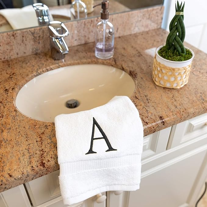 Dark Gray Monogrammed Hand Towels for Bathroom - Luxury Hotel Quality Personalized Initial Decorative Embroidered Towel for Powder Room, Spa - GOTS Organic Certified - Set of 2 Letter A