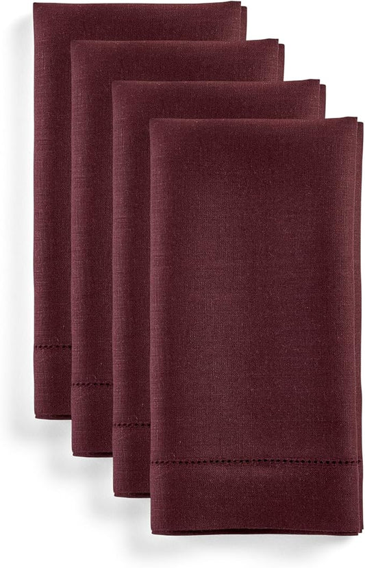 Solino Home Linen Cloth Napkins Set of 4-100% Pure Linen Burgundy Dinner Napkins 20 x 20 Inch for Valentines, Winter, New Year - Classic Hemstitch, Handcrafted and Machine Washable