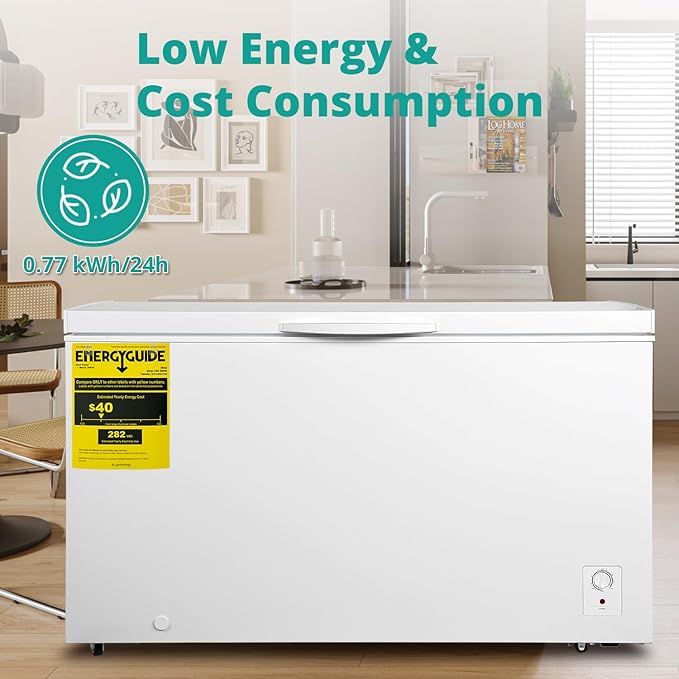 Deep Chest Freezer 14 Cubic Feet, Freezer Chest Garage Ready, 4 Wheels Large Storage Chest Freezer with 1 Basket, Low Noise, Energy Saving, Thermostat Control for Home, Office, Kitchen, White