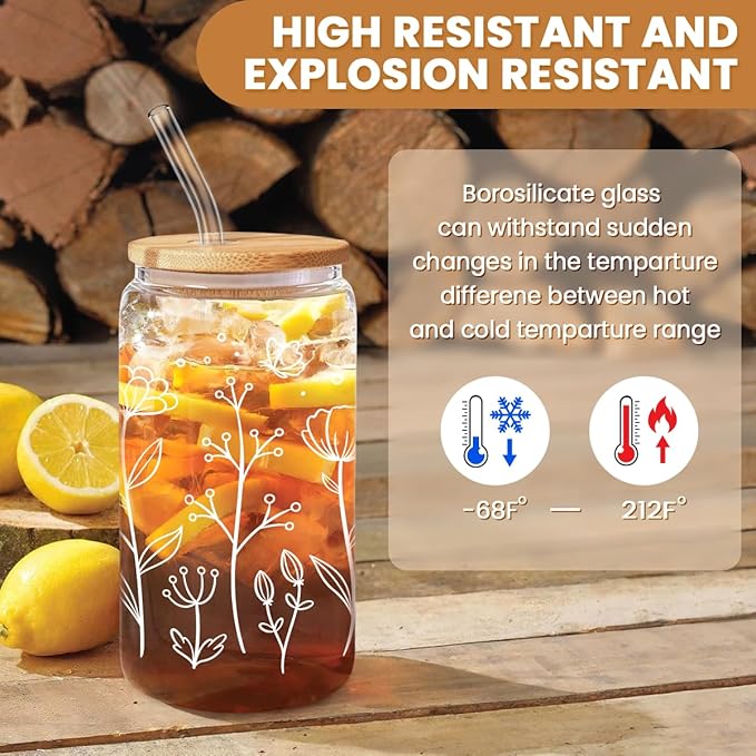 SANDJEST Floral Cup 16 Oz Can Glass with Bamboo Lid and Straw - Flower Glass Cup Gifts for Women - Wildflower Drinking Coffee Gifts