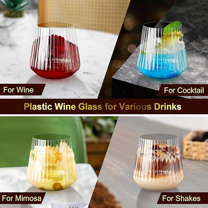 20 Pack Plastic Ribbed Wine Glasses, 14Oz Origami Disposable Wine Glasses Unbreakable Clear Plastic Cocktail Glasses Recyclable Shatterproof Reusable Wine Cups (14oz-20pack)