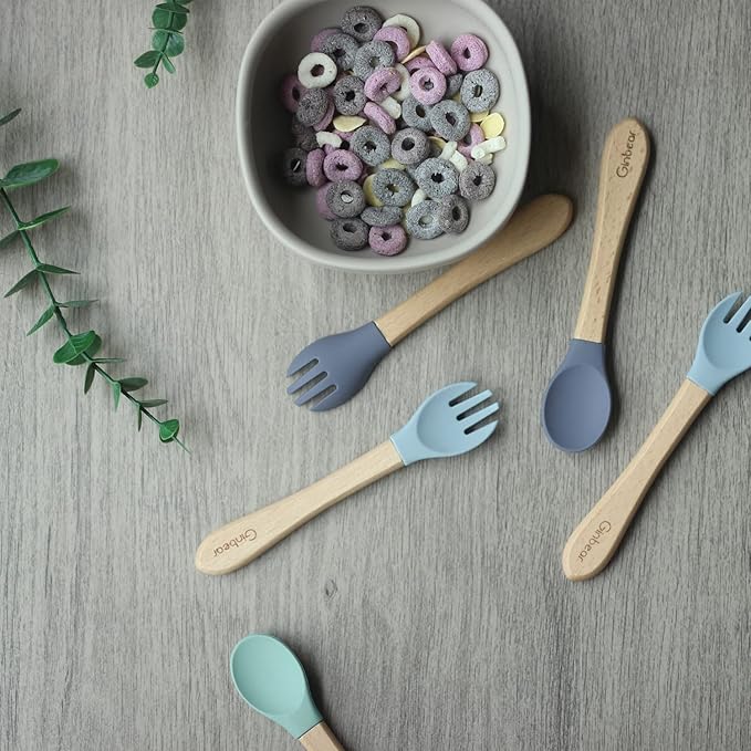 Ginbear Silicone Baby Spoons and Forks Self-feeding 12-18 Months, Soft-Tip Baby Flatware Sets, Toddler Feeding Utensils for Child, 4 Piece Set (Hazy Green/Almond)