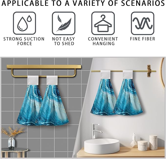 Blue Marble Hanging Hand Towels Set of 2 Summer Ocean Kitchen Towel with Loop Blue Sea Decorative Bathroom Tie Towels Soft Lightweight Dish Towel for Kitchen Home Washroom Decor 17 * 12 Inch