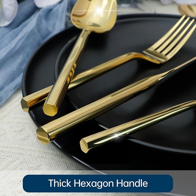 Silverware Set 20-Piece Stainless Steel Mirror Polishing Gold Cutlery, Hand Forged Thick Hexagon Handle Flatware Sets, Service for 4