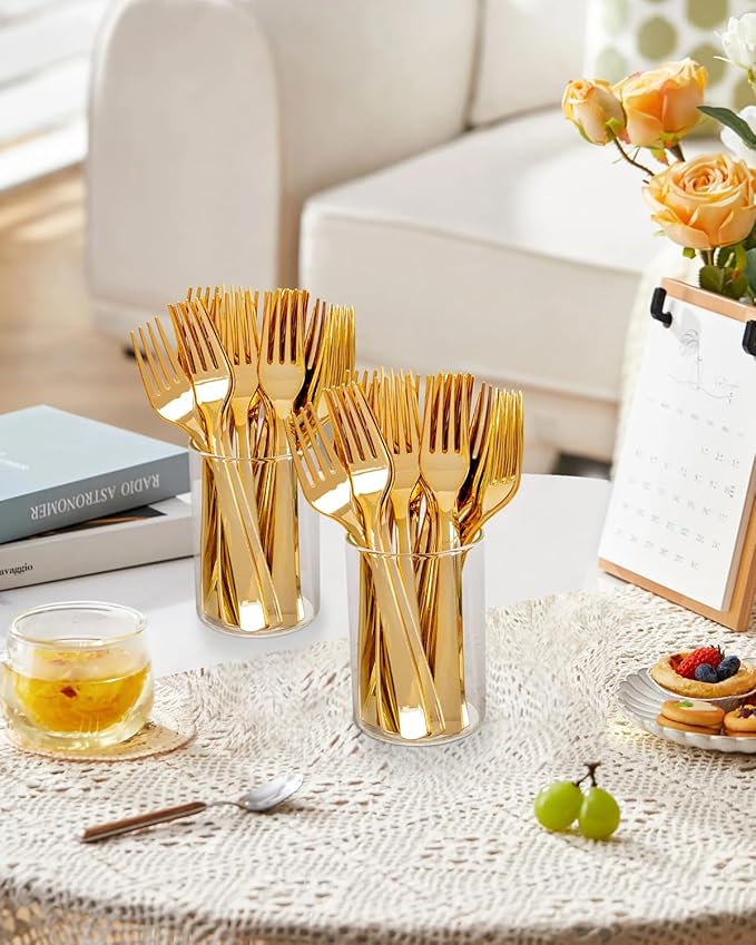 YOUBET 50PCS Gold Plastic Forks - Heavy Duty Plastic Forks - Solid Durable Gold Disposable Silverware for Party Picnic Wedding and Daily Use & Christmas