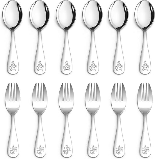HaWare 12 Pieces Toddler Utensil Sets, Stainless Steel Kids Silverware Set Includes Toddler Forks and Spoons, Kids Safe Cutlery Set for Self Feeding, Cute Animal Handle Pattern, Dishwasher Safe
