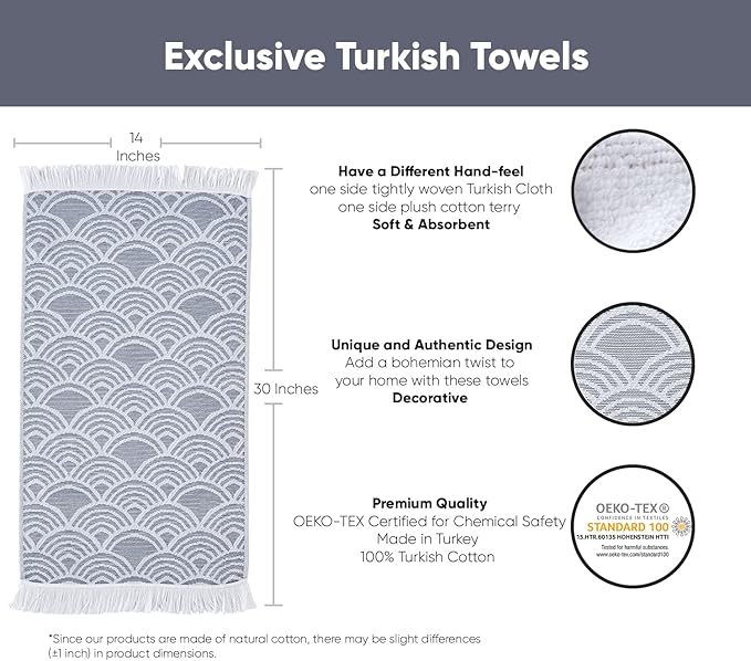 sea me at home Hand Towels for Bathroom, Cotton Kitchen Hand Towels, 100% Cotton Turkish Hand Towel Set of 2, Decorative Towel Set with Modern Boho Design (Navy Waves)