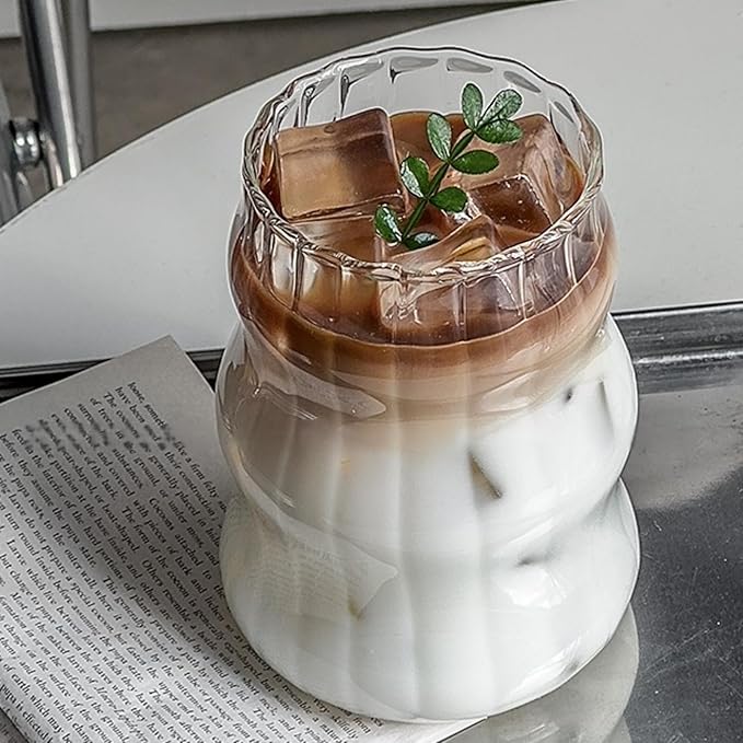 Ribbed Glass Cup 18 Oz Vintage Drinking Glassware Creative Ripple Glasses for Iced Coffee Juice Beverage Milk Cocktail Cute Wavy Glass Cups