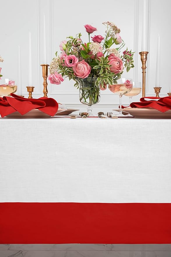 Solino Home Linen Tablecloth for Rectangle Tables 60 x 108 Inch - 100% Pure Linen Red and White Table Cloth - Contempo, Machine Washable Cloth Tablecloth for Valentines, New Year